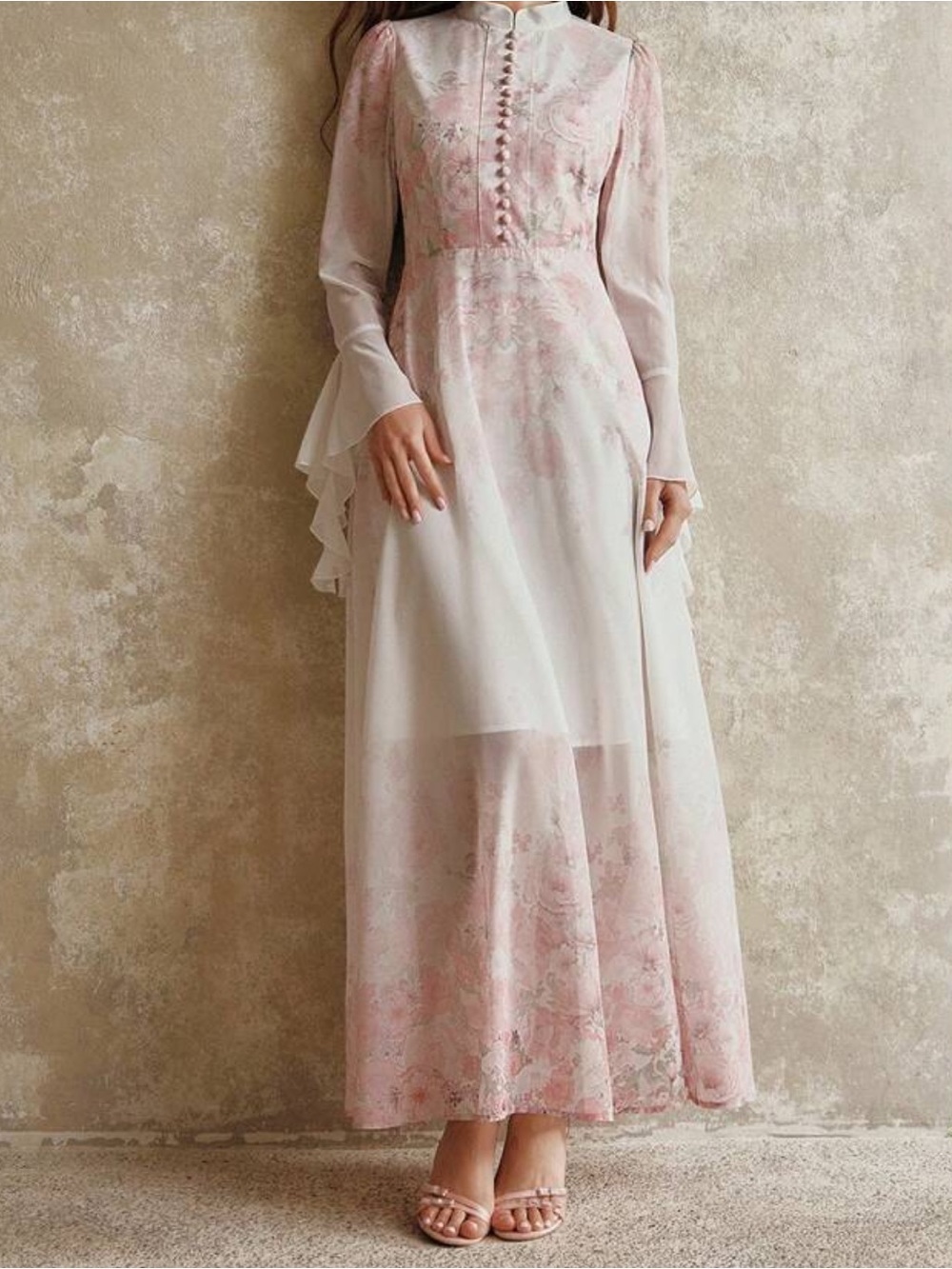 Romantic Blush Pink Floral Maxi Dress with Button Front
